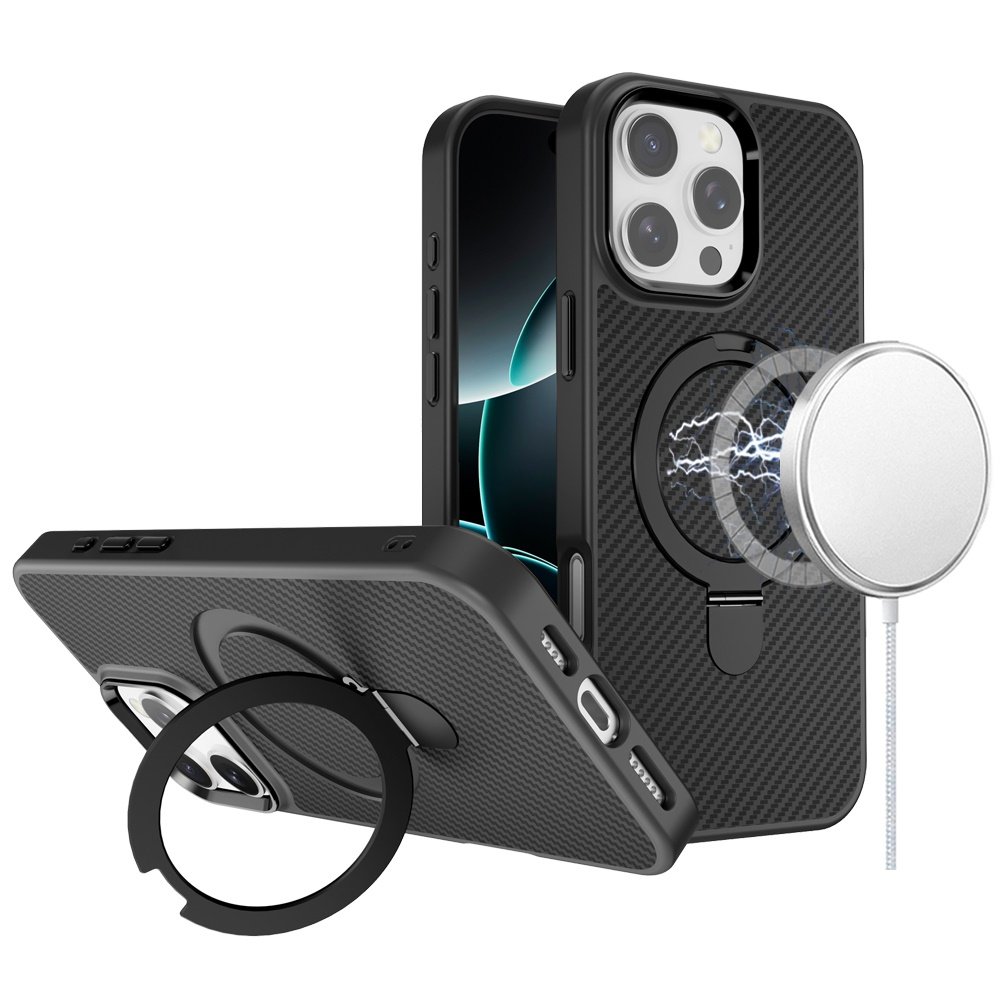 for iphone 16 pro max 6.9 inch carbon design [magnetic circle] with ring stand hybrid case black