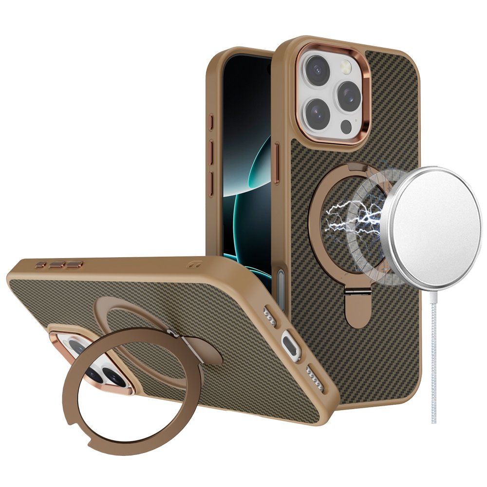 for iphone 16 pro max 6.9 inch carbon design [magnetic circle] with ring stand hybrid case brown