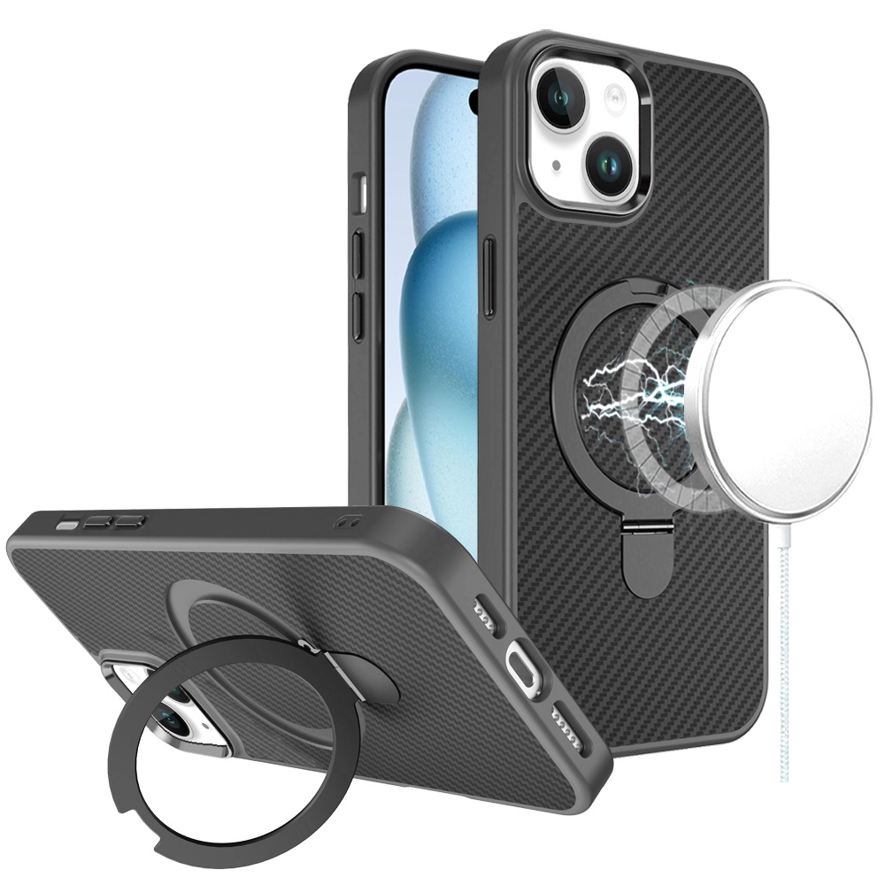 for iphone 15 carbon design [magnetic circle] with ring stand hybrid case black