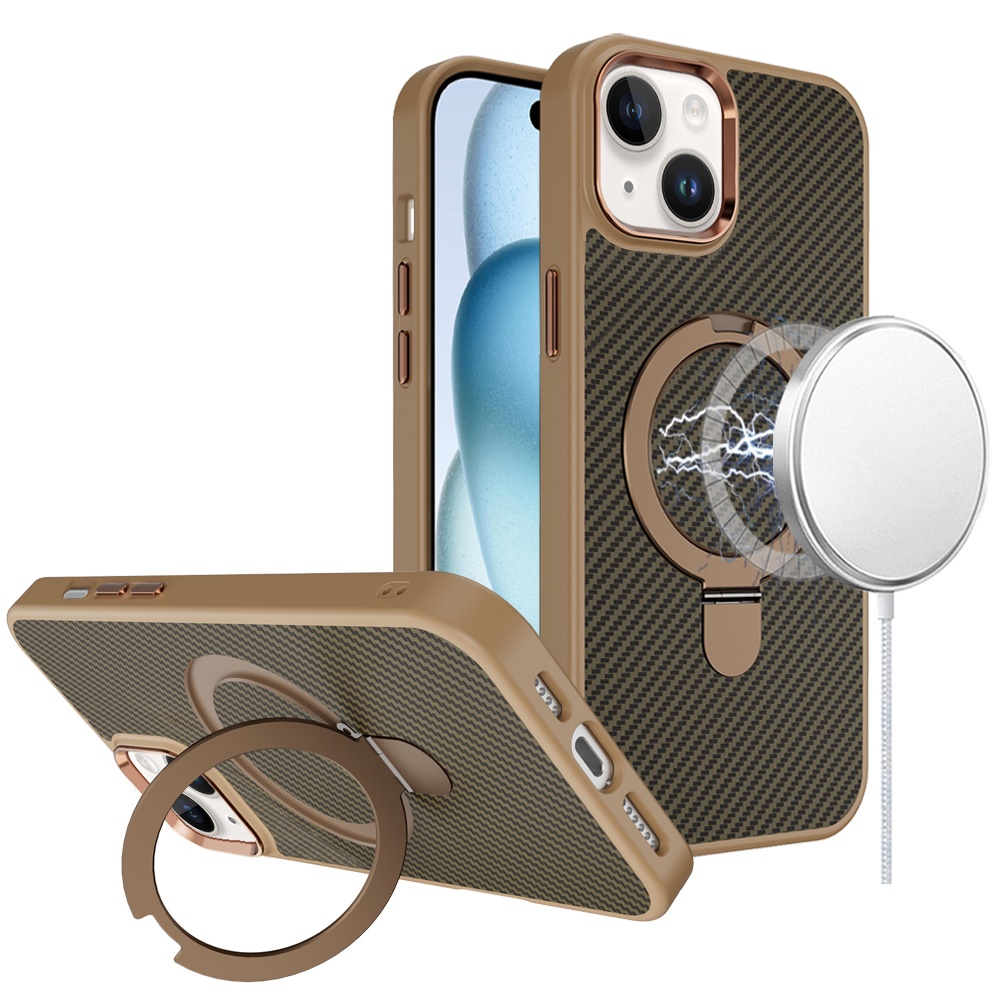 for iphone 15 carbon design [magnetic circle] with ring stand hybrid case brown