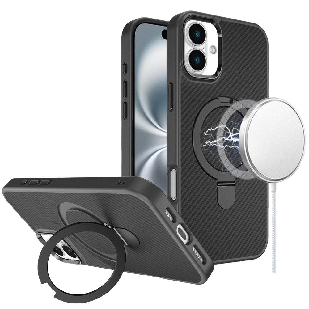 for iphone 16 6.1 inch carbon design [magnetic circle] with ring stand hybrid case black