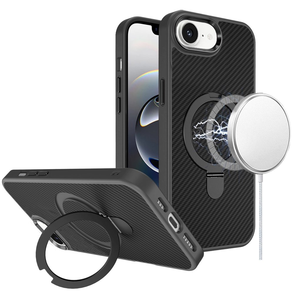 for iphone 17e / 16e / se4 carbon design [magnetic circle] with ring stand hybrid case black