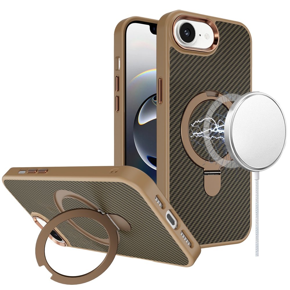 for iphone 17e / 16e / se4 carbon design [magnetic circle] with ring stand hybrid case brown