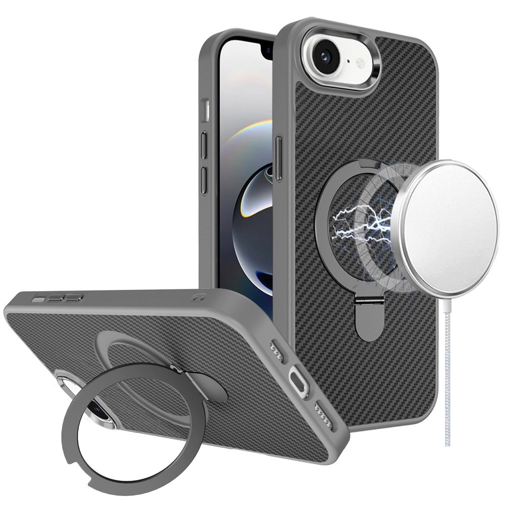 for iphone 17e / 16e / se4 carbon design [magnetic circle] with ring stand hybrid case gray