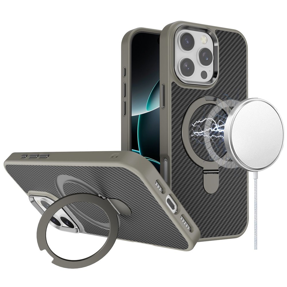 for iphone 16 pro 6.3 inch carbon design [magnetic circle] with ring stand hybrid case gray