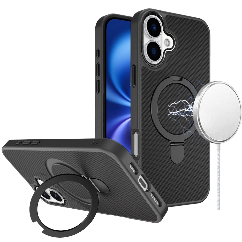 for iphone 17 carbon design [magnetic circle] with ring stand hybrid case black
