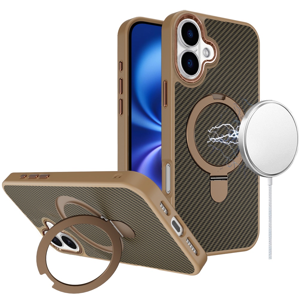for iphone 17 carbon design [magnetic circle] with ring stand hybrid case brown