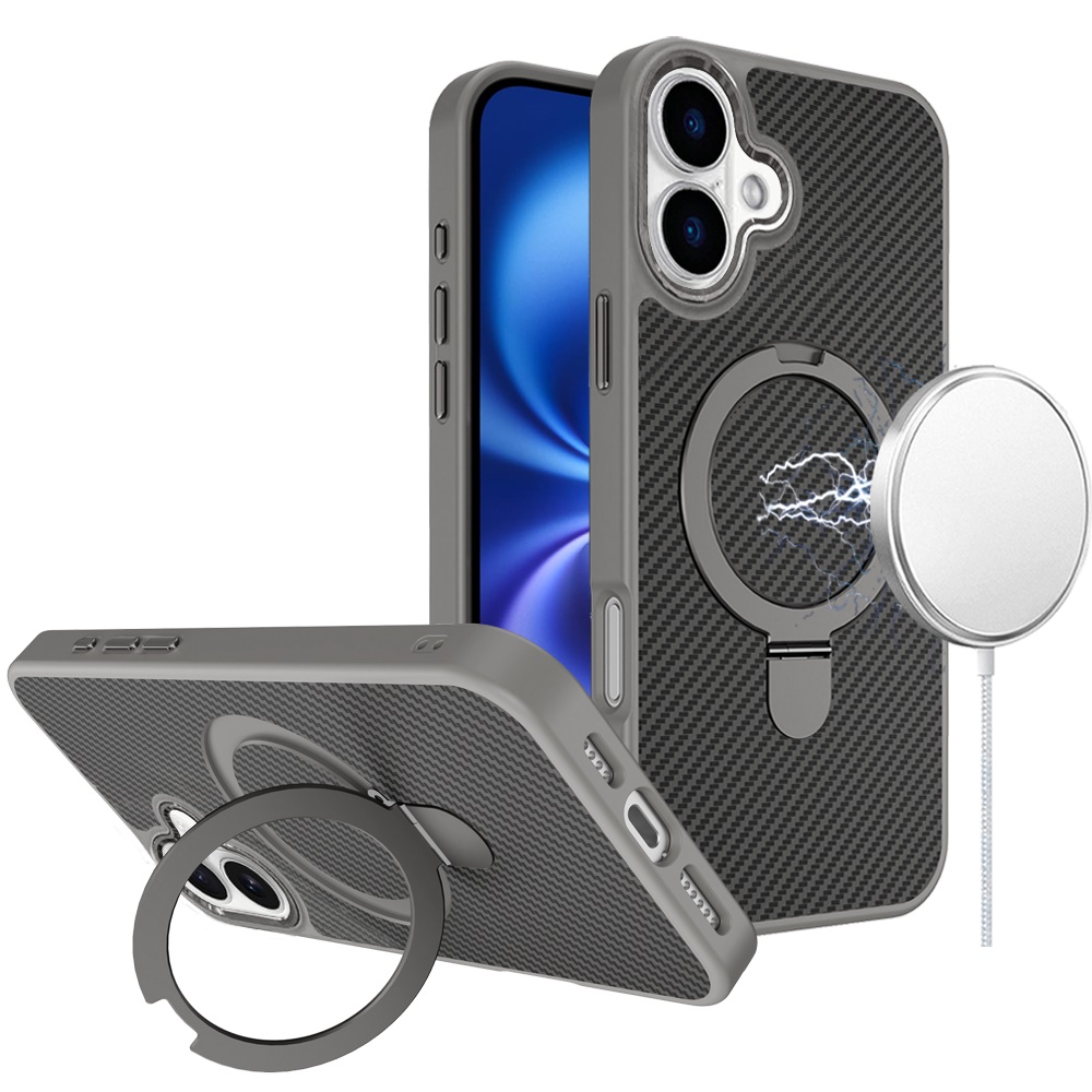 for iphone 17 carbon design [magnetic circle] with ring stand hybrid case gray