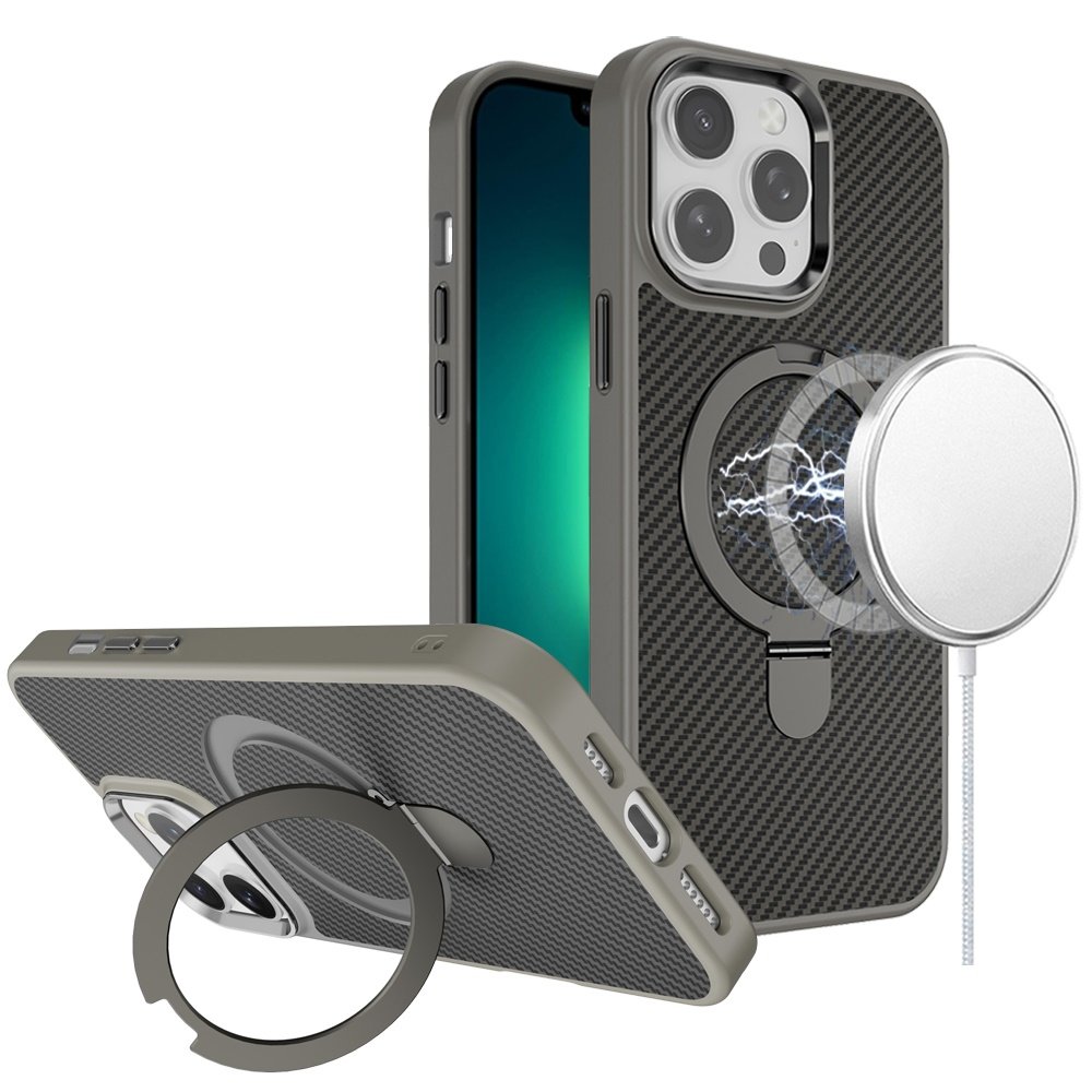 for iphone 13 pro max carbon design [magnetic circle] with ring stand hybrid case gray