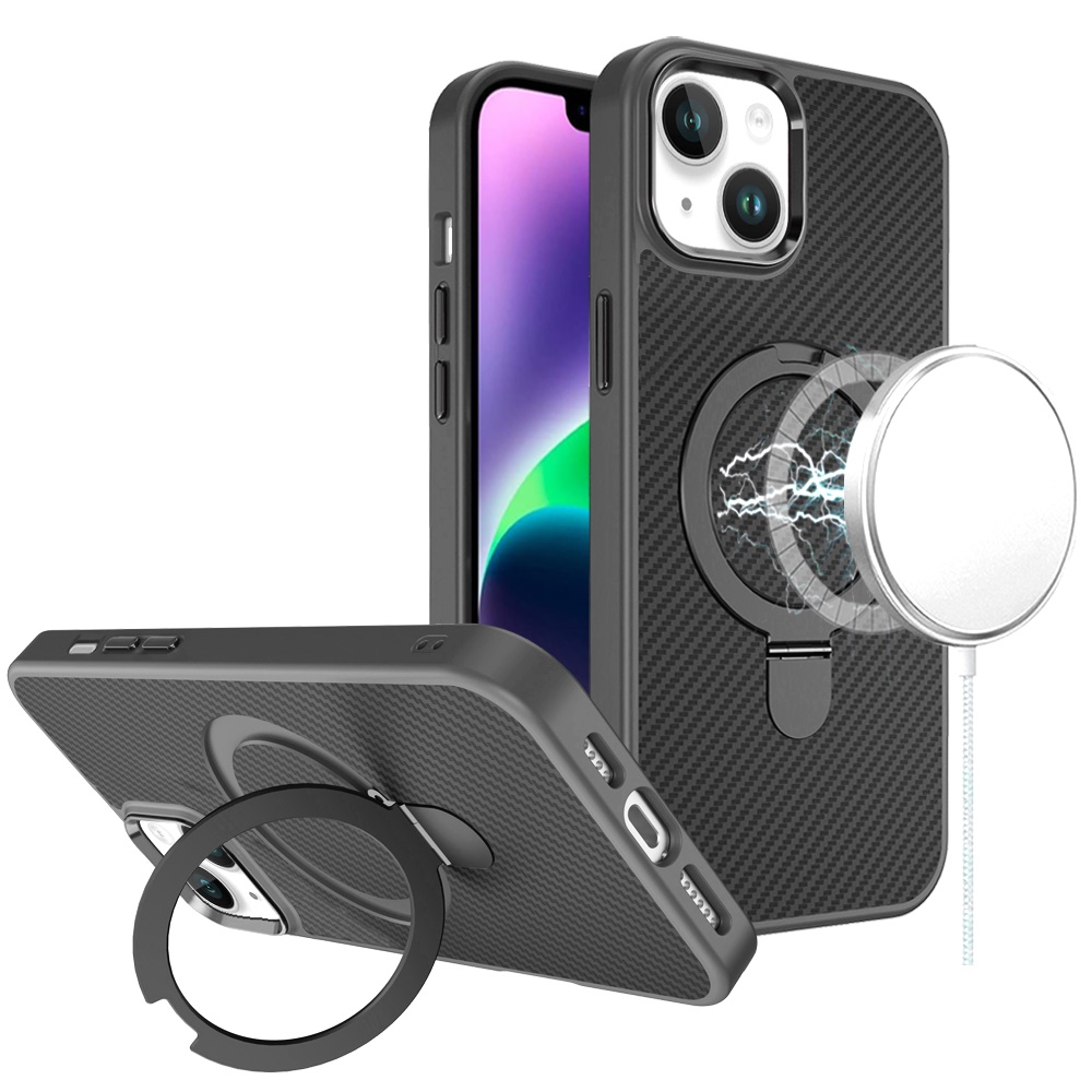 for iphone 13/14 carbon design [magnetic circle] with ring stand hybrid case black