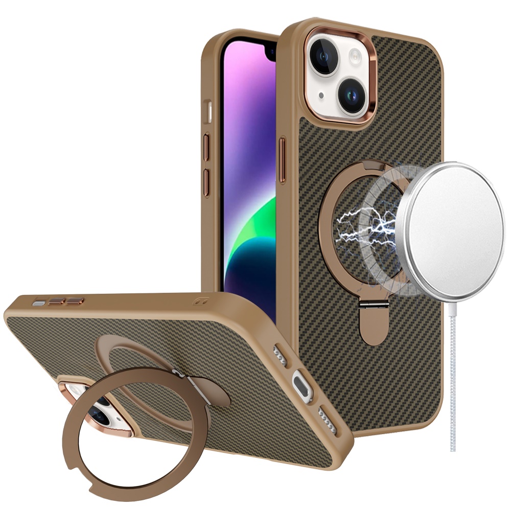 for iphone 13/14 carbon design [magnetic circle] with ring stand hybrid case brown