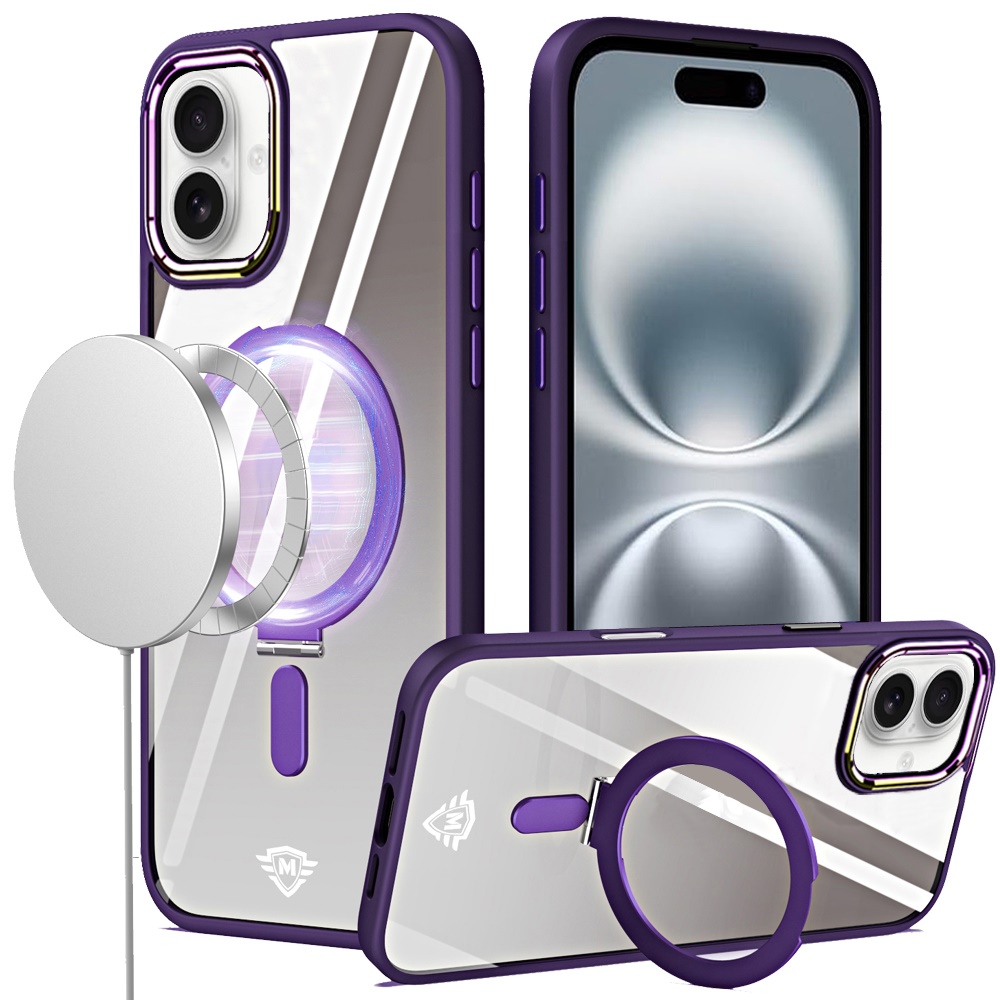 for iphone 16 plus 6.7 inch dazzle magnetic ring stand alloy chrome transparent hybrid case cover dark purple