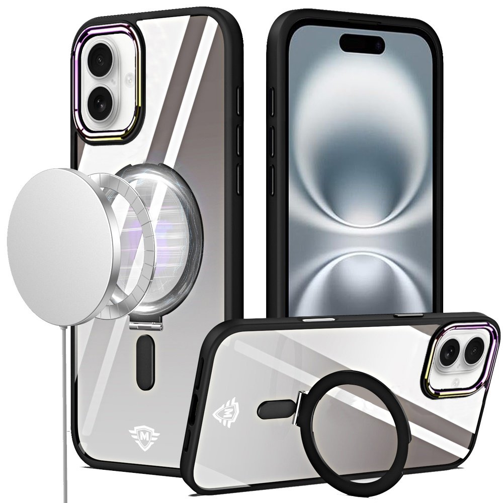 for iphone 16 6.1 inch dazzle [magnetic circle] kickstand alloy chrome transparent hybrid black