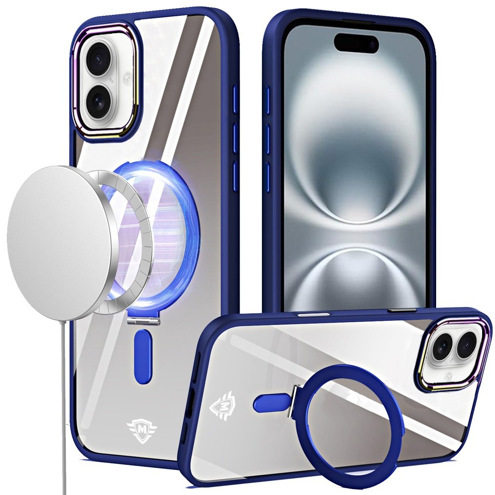 for iphone 16 6.1 inch dazzle [magnetic circle] kickstand alloy chrome transparent hybrid navy blue