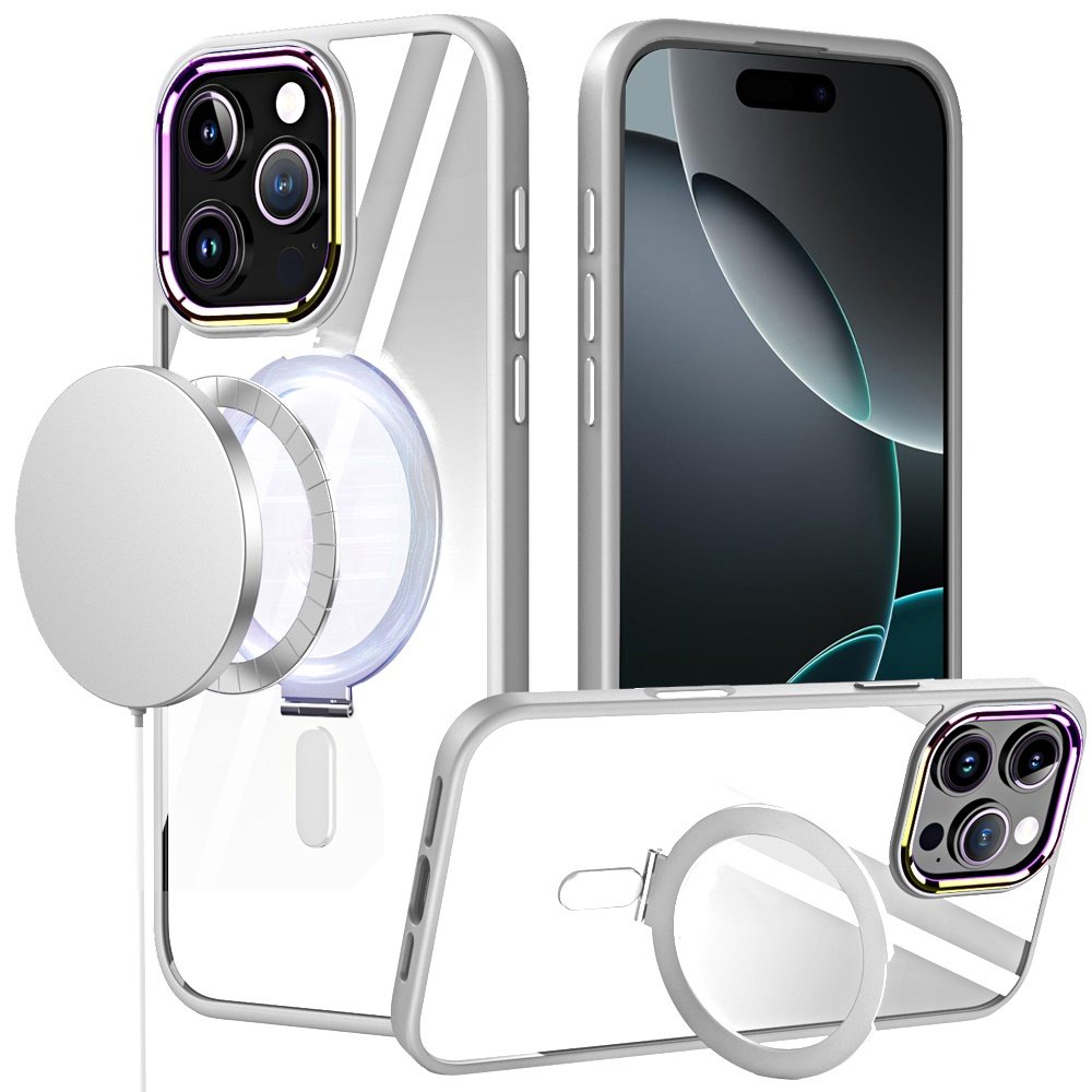 for iphone 16 pro 6.3 inch dazzle magnetic ring stand alloy chrome transparent hybrid case cover clear