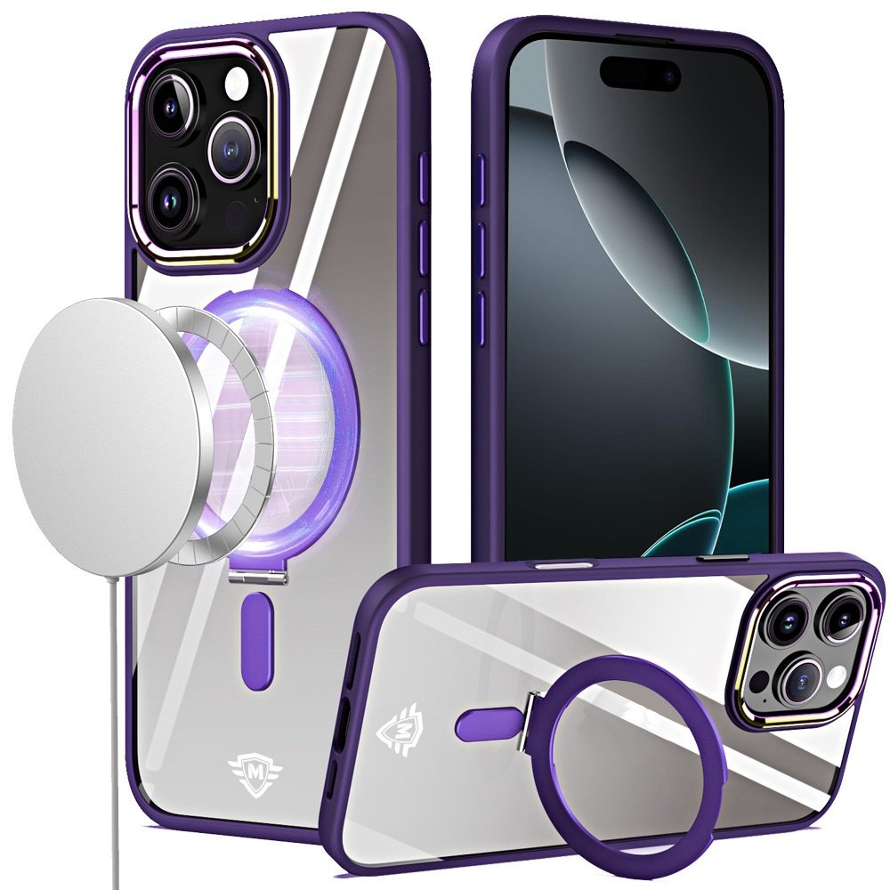 for iphone 16 pro 6.3 inch dazzle magnetic ring stand alloy chrome transparent hybrid case cover dark purple