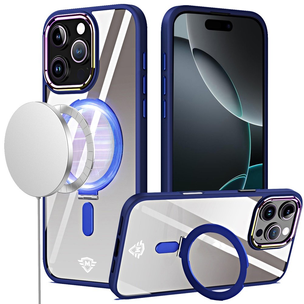 for iphone 16 pro 6.3 inch dazzle [magnetic circle] kickstand alloy chrome transparent hybrid navy blue