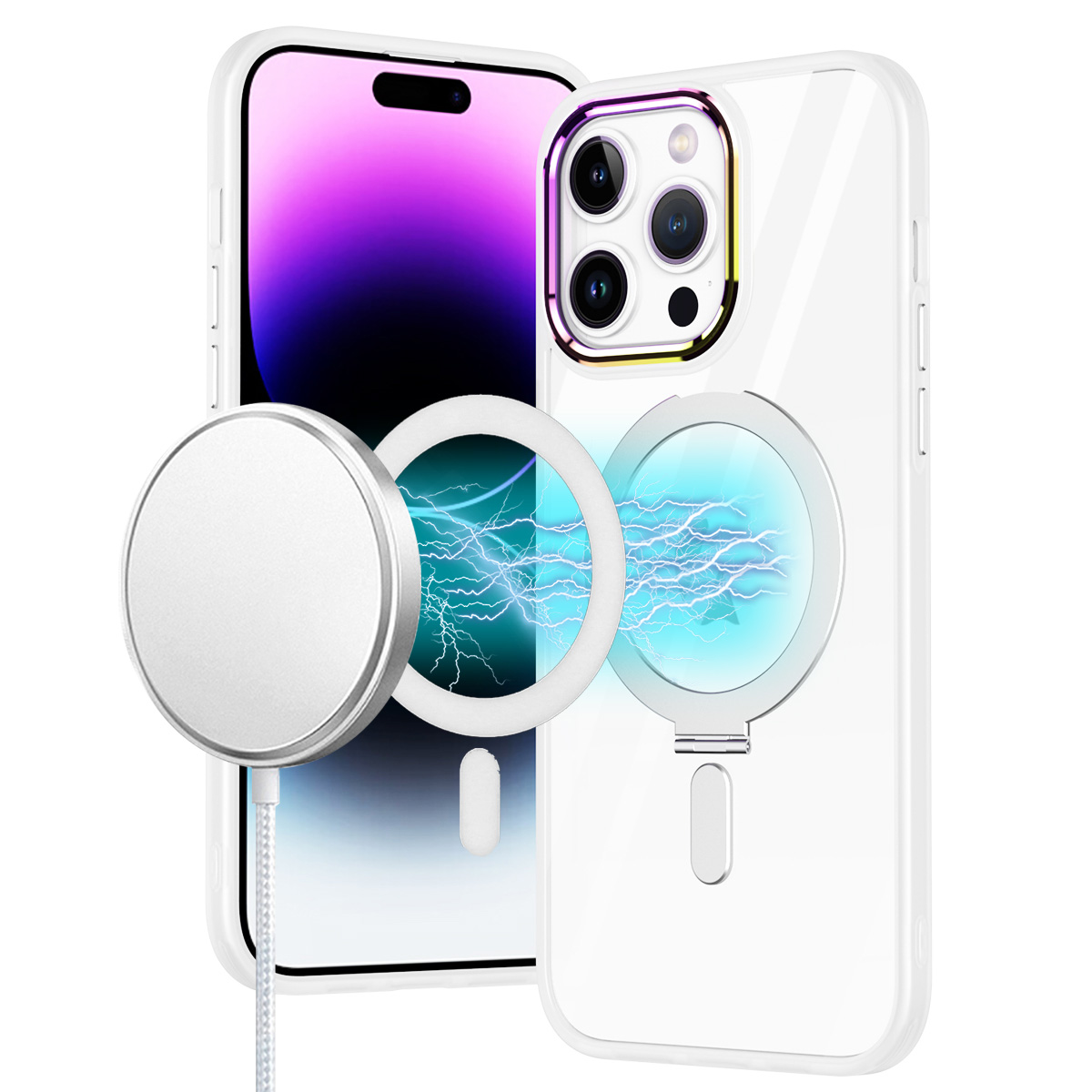 for iphone 14 pro max 6.7" dazzle [magnetic circle] kickstand alloy chrome transparent hybrid clear