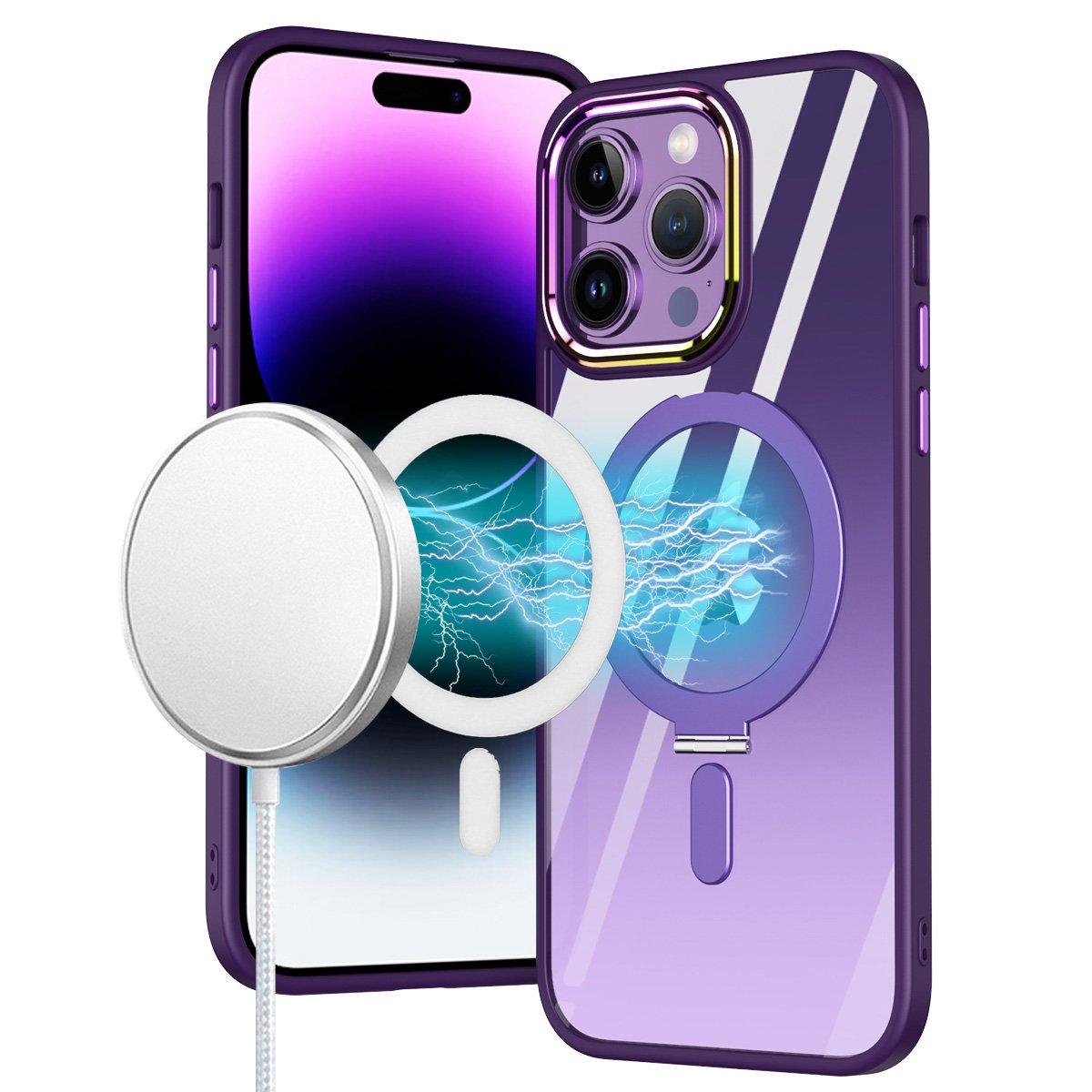 for ip15 pro max dazzle magnetic ring stand alloy chrome transparent hybrid case cover dark purple