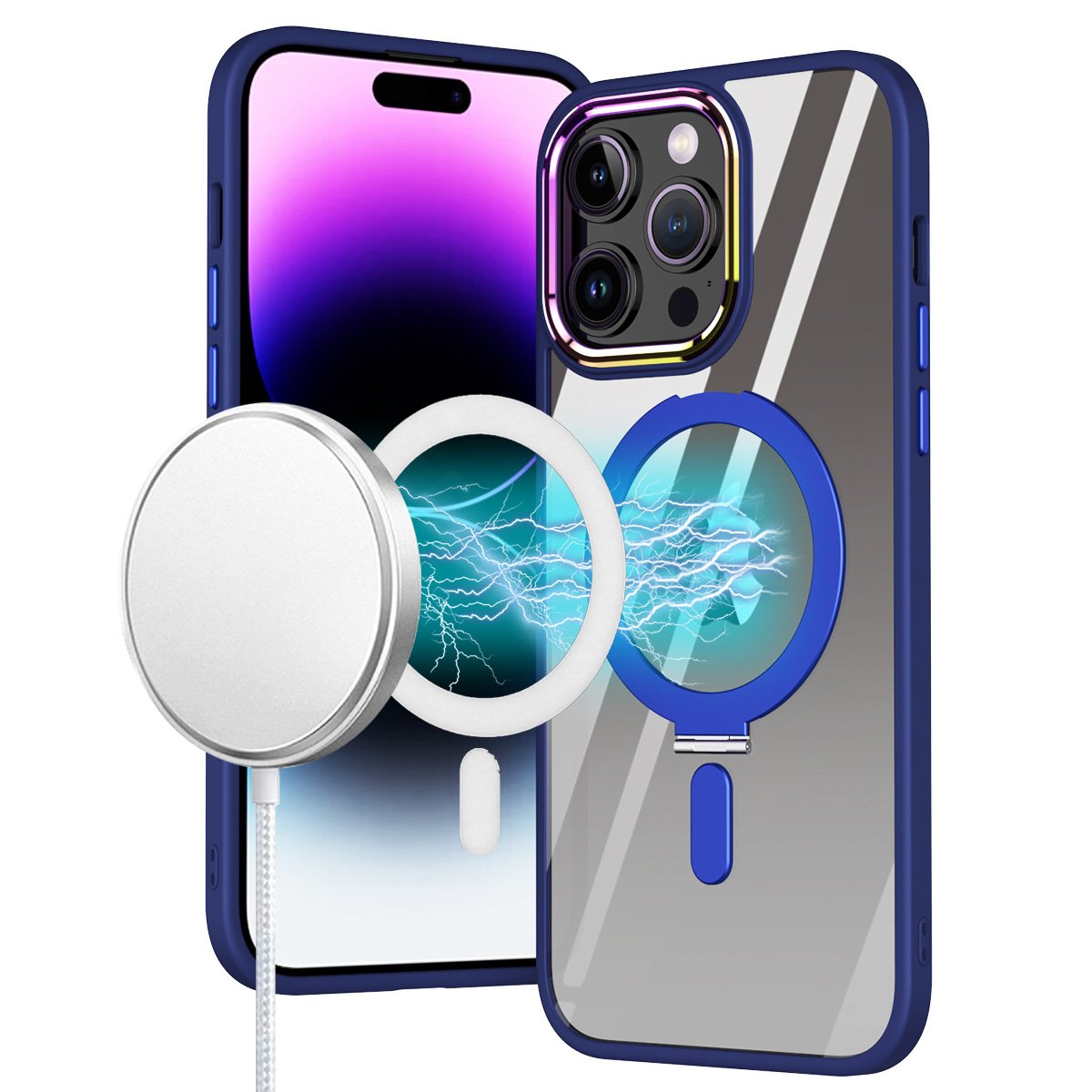 for ip15 pro max dazzle magnetic ring stand alloy chrome transparent hybrid case cover navy blue