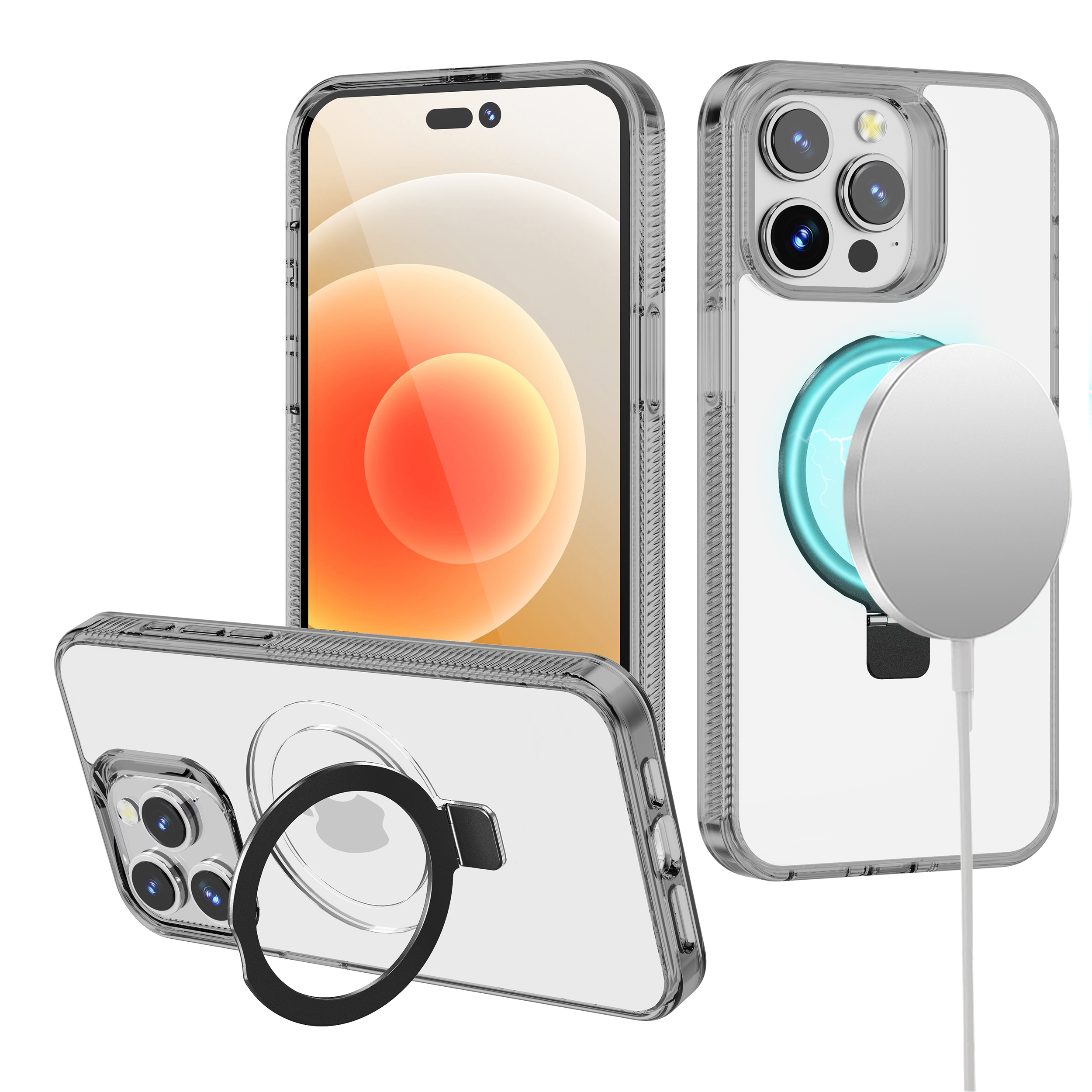 for apple iphone 14 pro max 6.7" dotted edged line transparent hq magnetic ring stand hybrid black