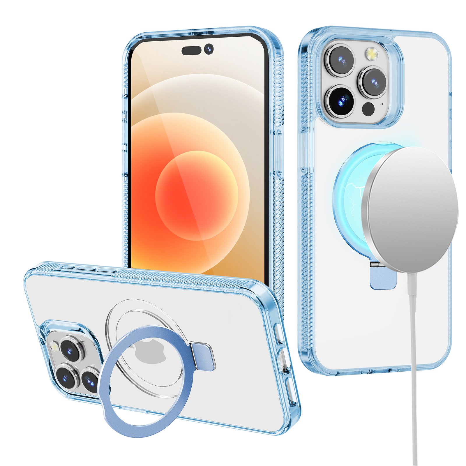 for ip15 pro max dotted edged line transparent hq magnetic ring stand hybrid light blue