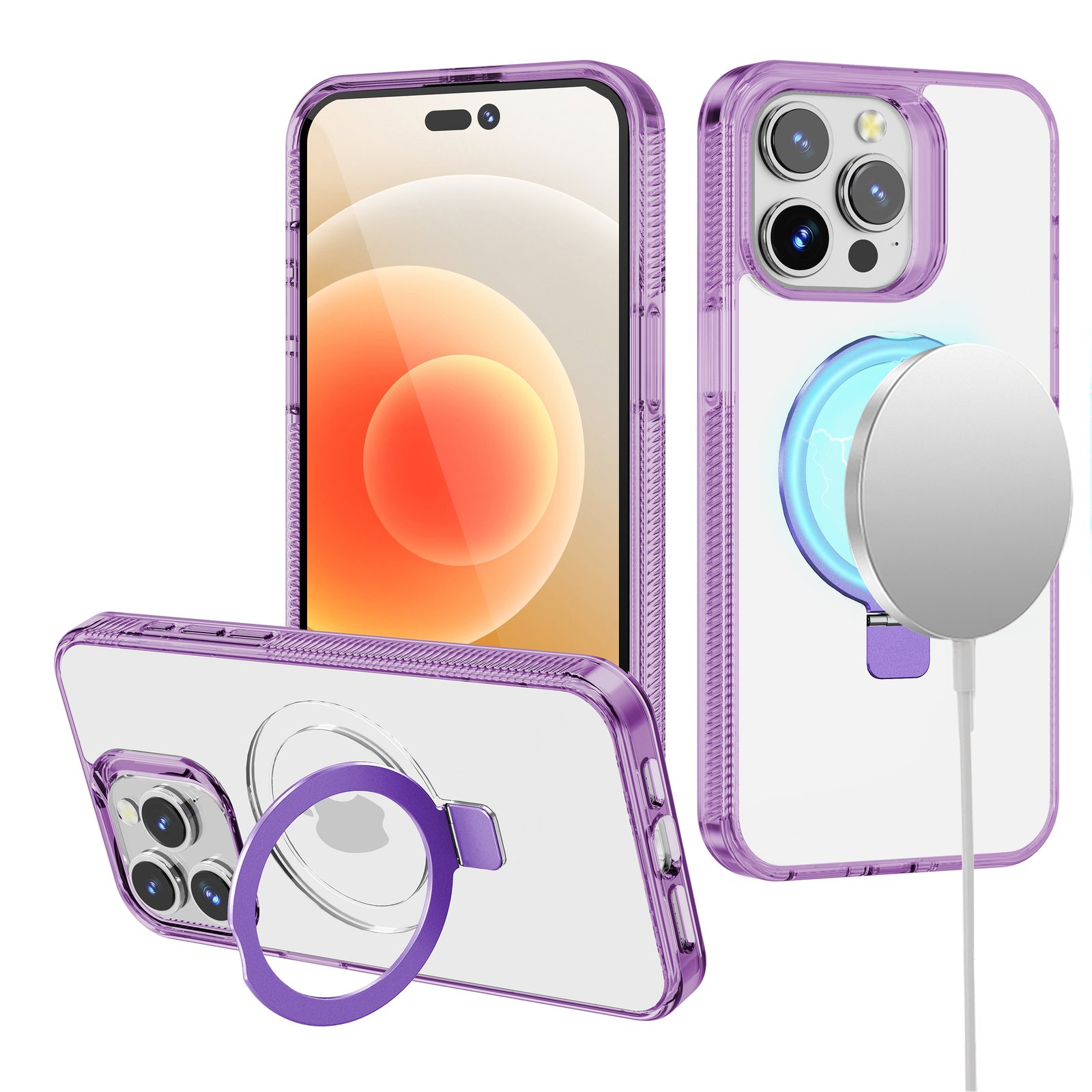for ip15 pro max dotted edged line transparent hq magnetic ring stand hybrid light purple