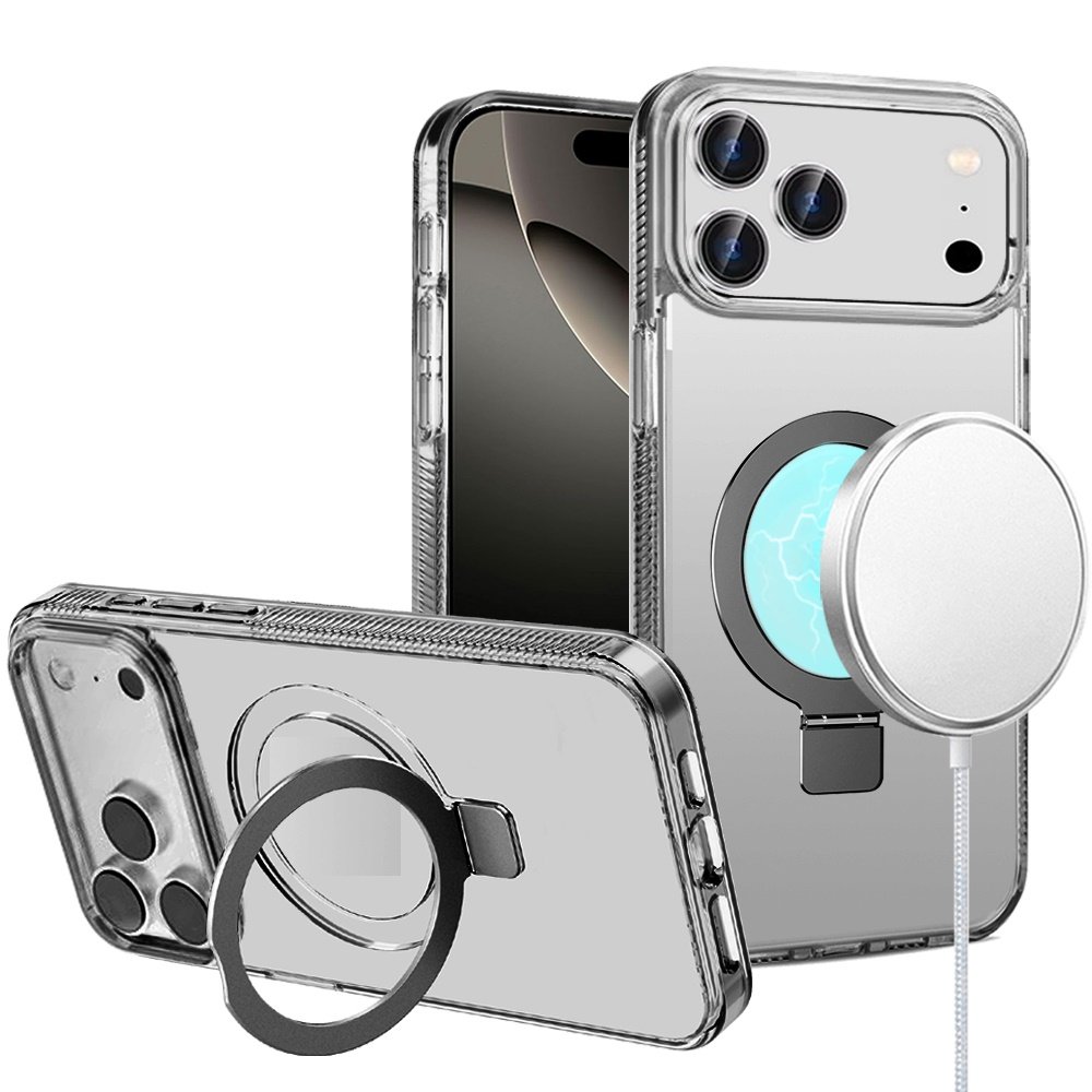 for iphone 17 pro dotted edged line transparent hq magnetic ring stand hybrid black