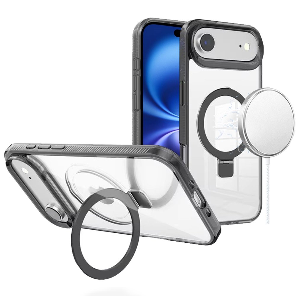for iphone 17 air dotted edged line transparent hq magnetic ring stand hybrid black