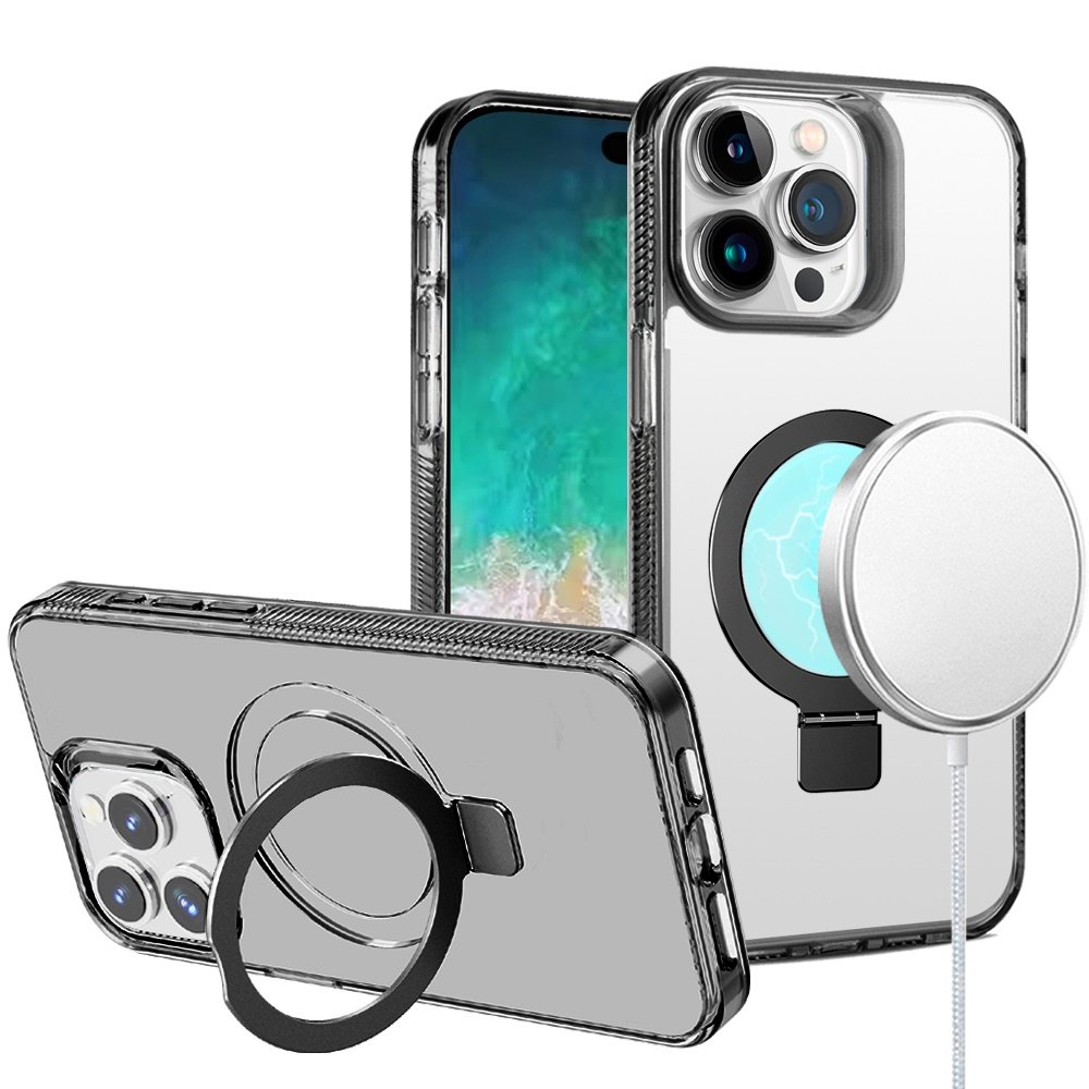 for iphone 16 pro max 6.9 inch dotted edged line transparent hq magnetic ring stand hybrid black