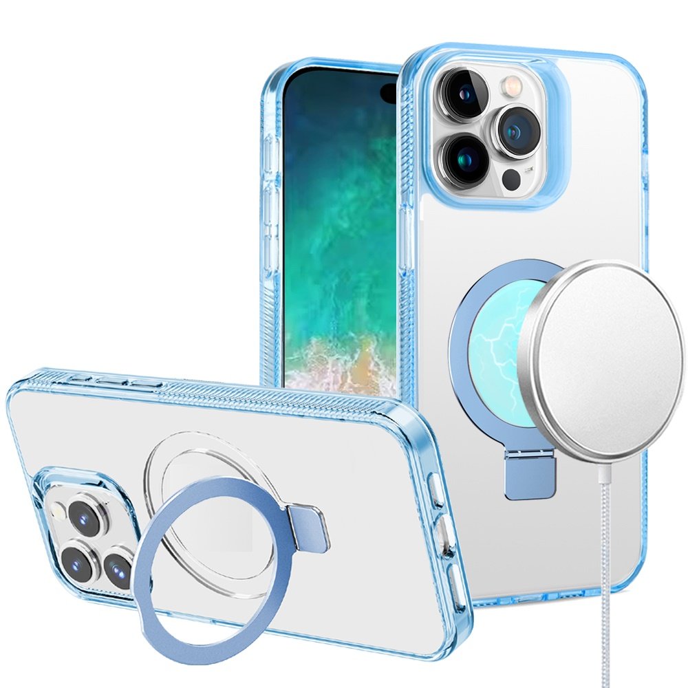 for iphone 16 pro max 6.9 inch dotted edged line transparent hq magnetic ring stand hybrid light blue