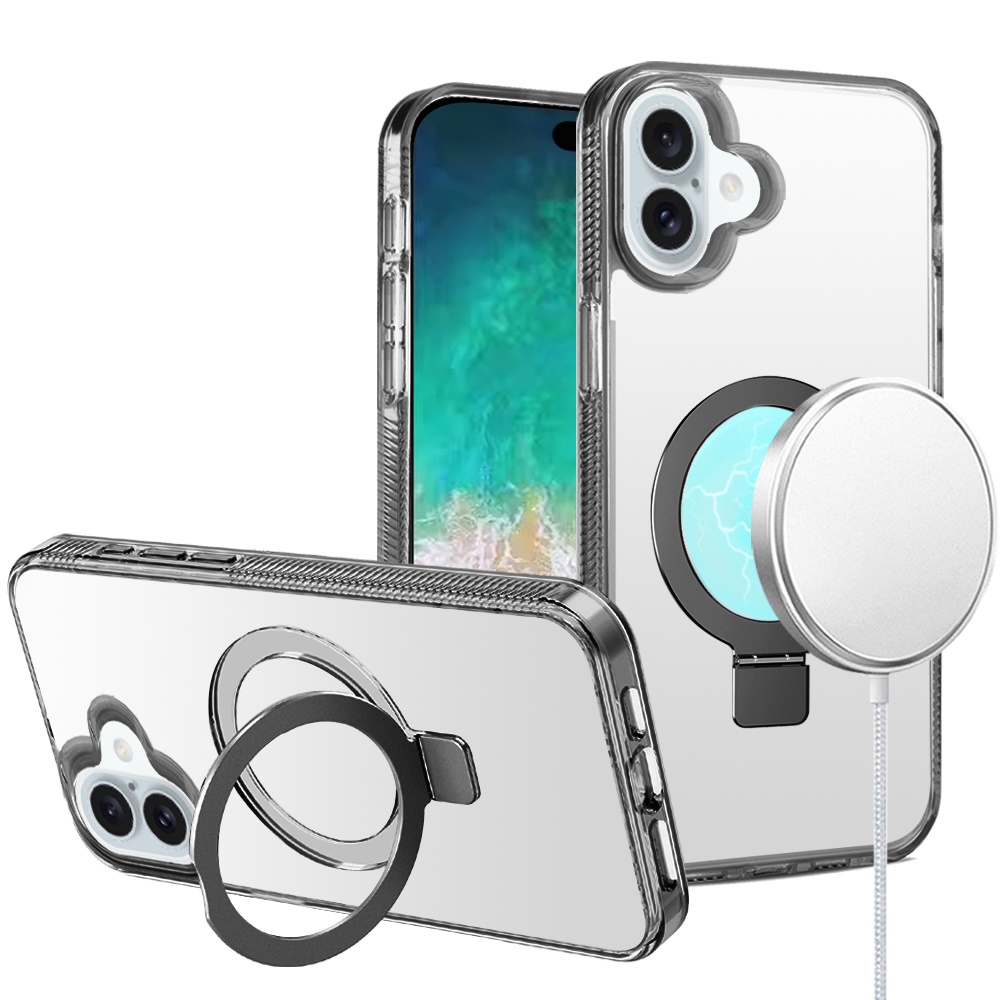 for iphone 16 plus 6.7 inch dotted edged line transparent hq magnetic ring stand hybrid black