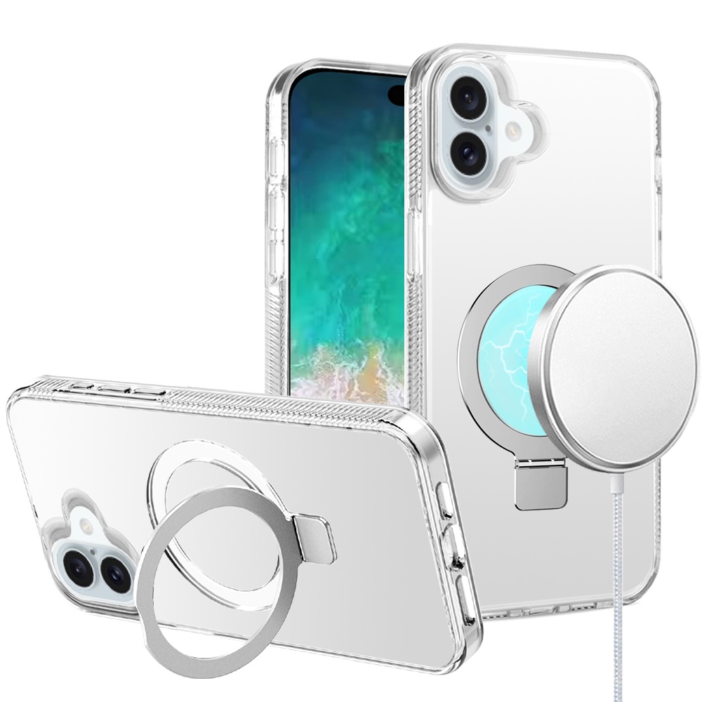 for iphone 16 plus 6.7 inch dotted edged line transparent hq magnetic ring stand hybrid clear
