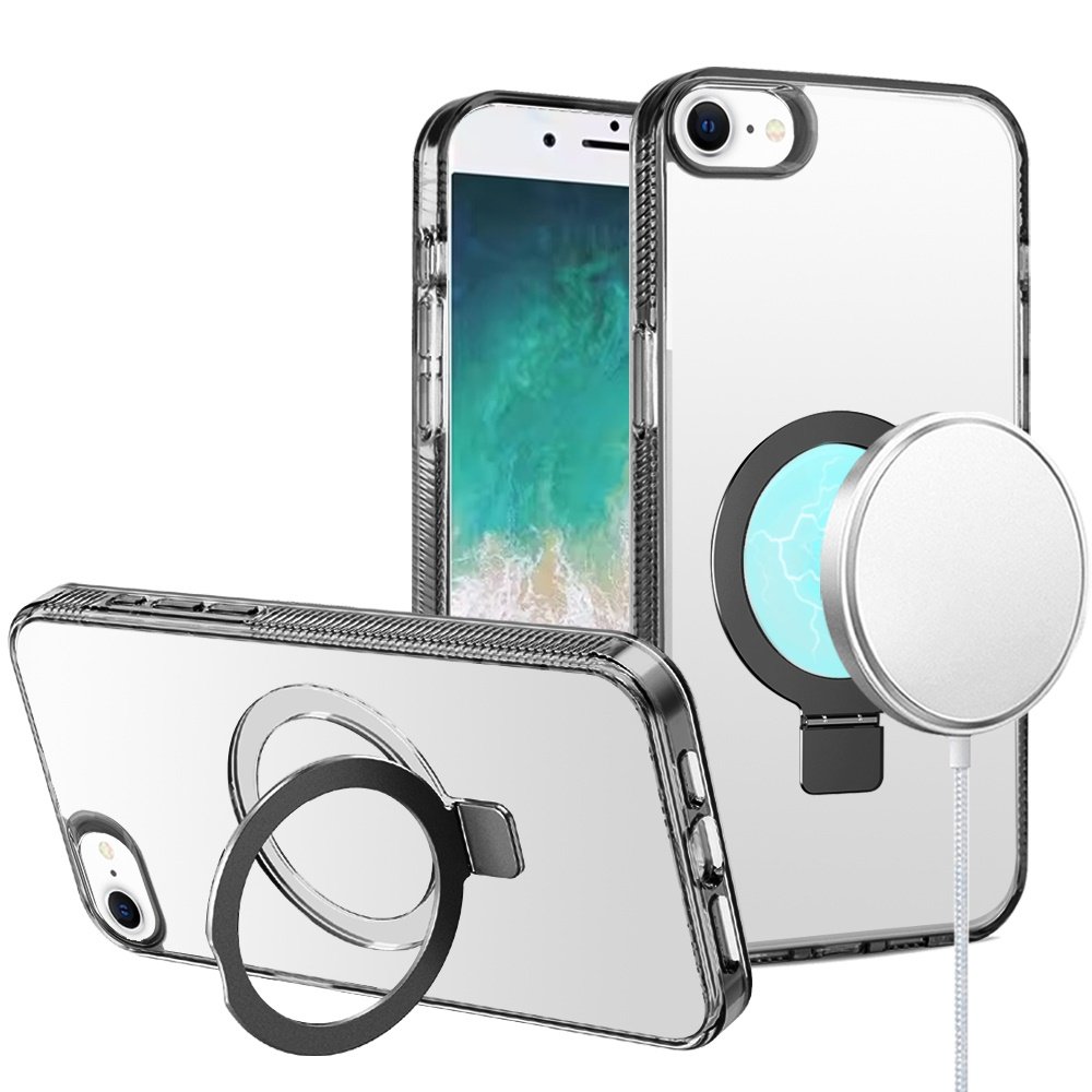 for iphone 17e / 16e / se4 dotted edged line transparent hq magnetic ring stand hybrid black