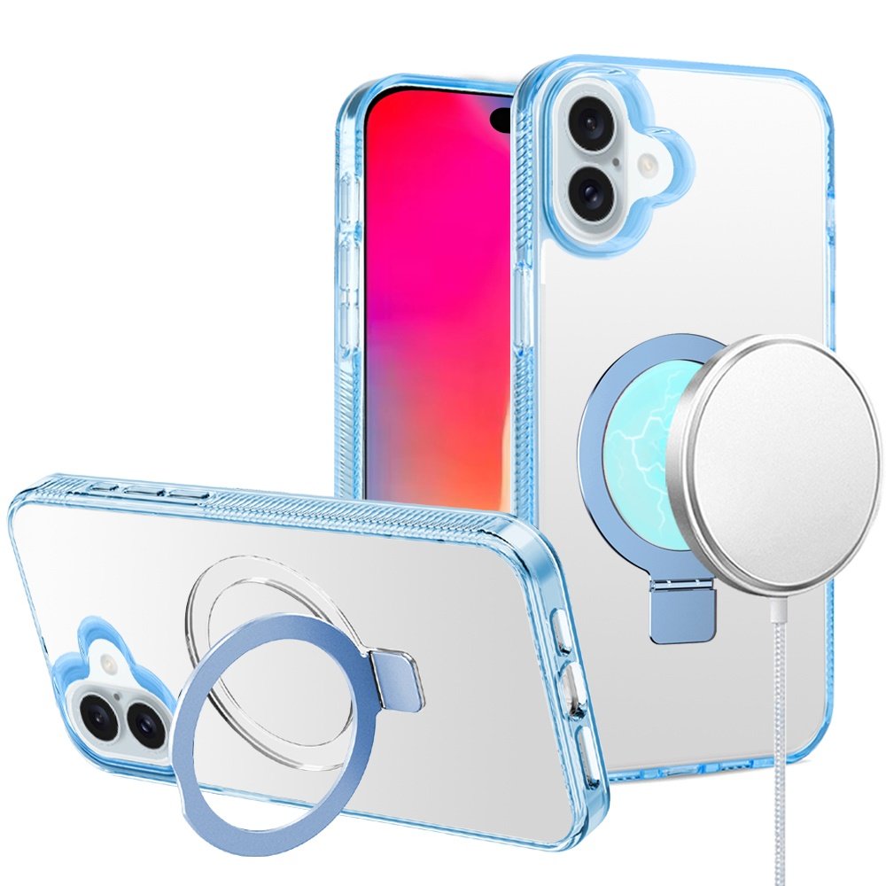 for iphone 16 6.1 inch dotted edged line transparent hq magnetic ring stand hybrid light blue