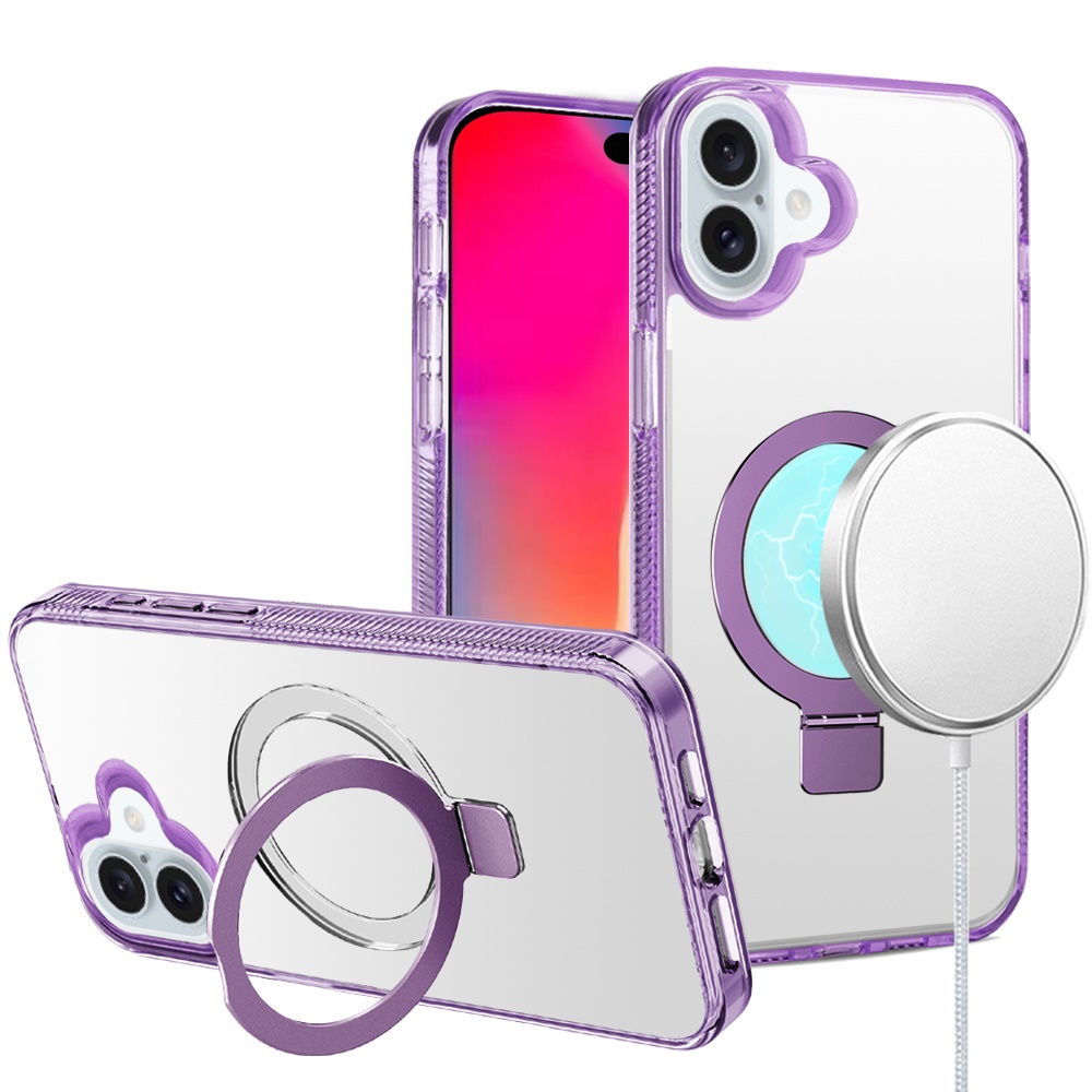 for iphone 16 6.1 inch dotted edged line transparent hq magnetic ring stand hybrid light purple