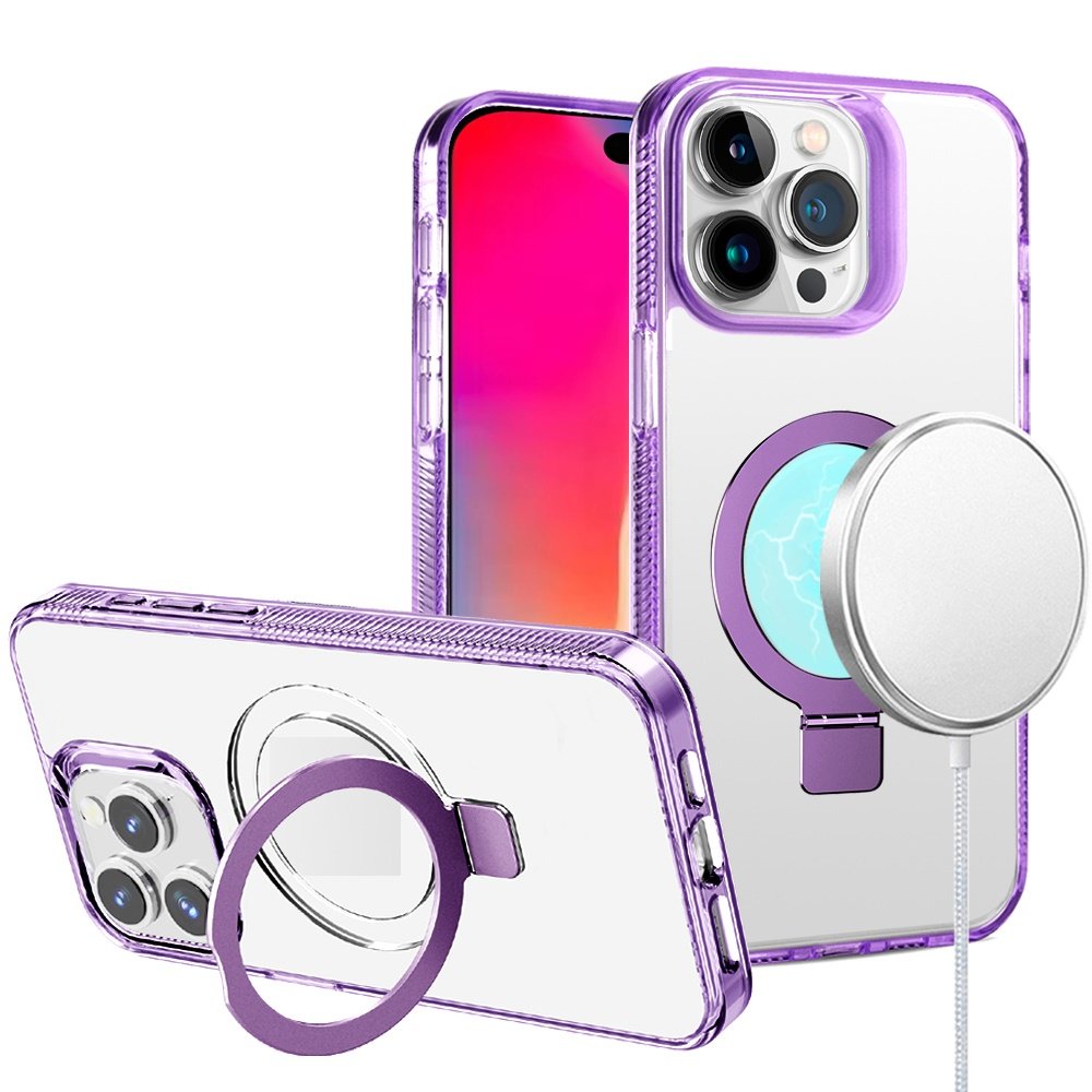 for iphone 16 pro 6.3 inch dotted edged line transparent hq magnetic ring stand hybrid light purple