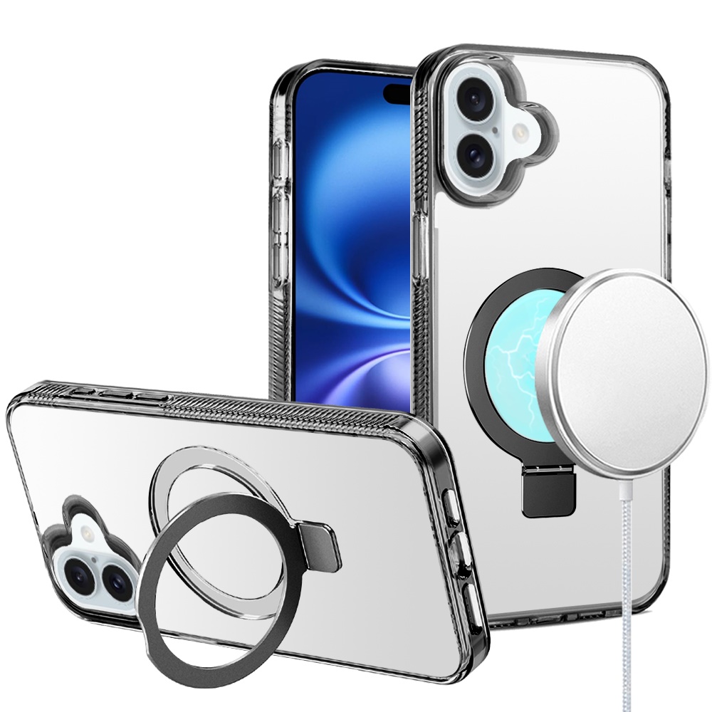 for iphone 17 dotted edged line transparent hq magnetic ring stand hybrid black
