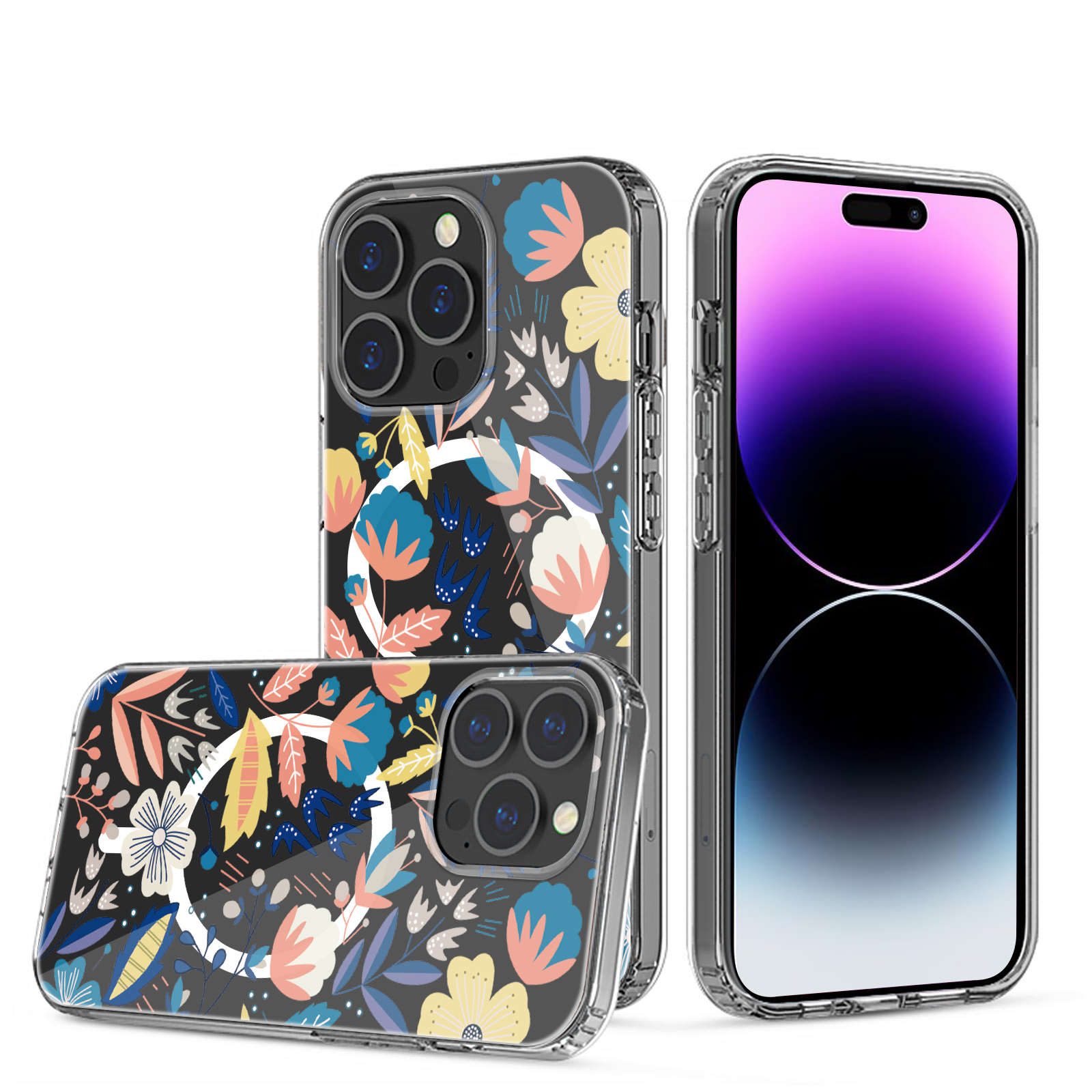 for iphone 14 pro 6.1" beautiful floral [magnetic circle] shockproof transparent hybrid design d