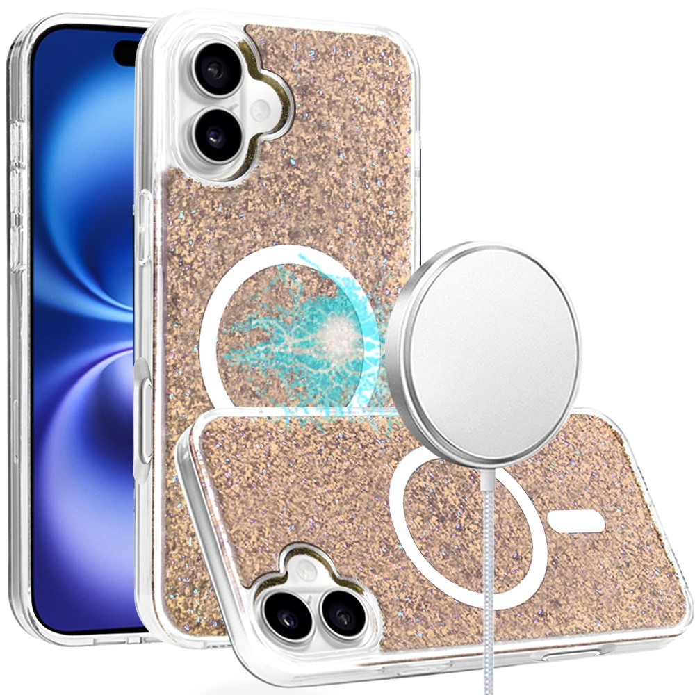 for iphone 16 6.1 inch epoxy glitter [magnetic circle] shockproof hybrid 2.5mm thick gold