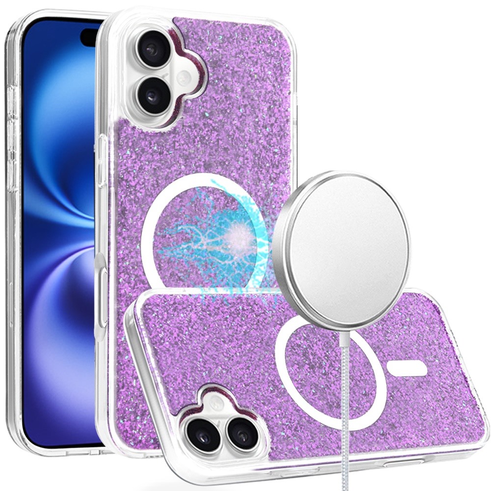 for iphone 16 6.1 inch epoxy glitter [magnetic circle] shockproof hybrid 2.5mm thick hot pink