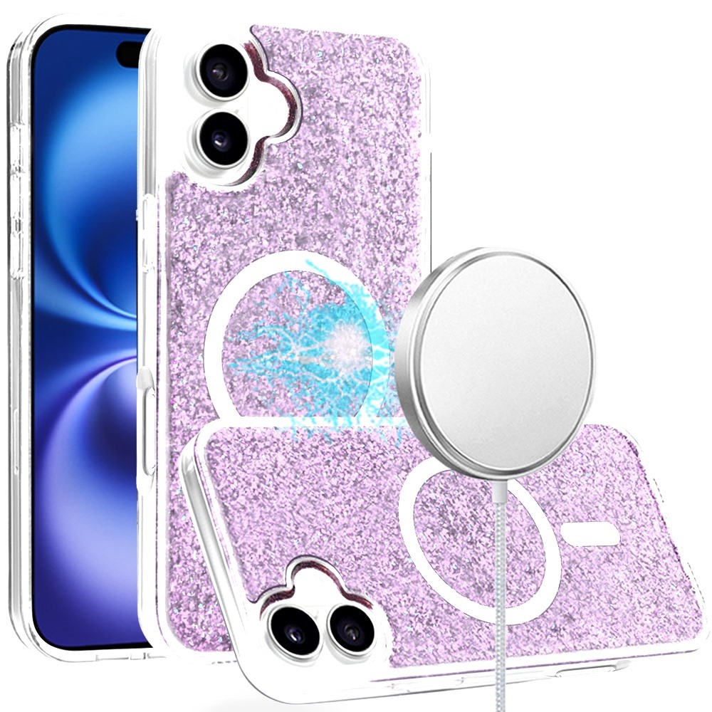 for iphone 16 6.1 inch epoxy glitter [magnetic circle] shockproof hybrid 2.5mm thick light purple