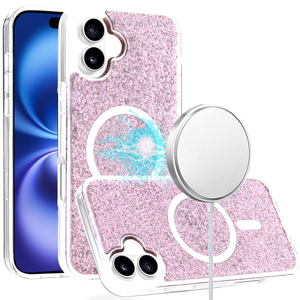 for iphone 16 6.1 inch epoxy glitter [magnetic circle] shockproof hybrid 2.5mm thick rose gold
