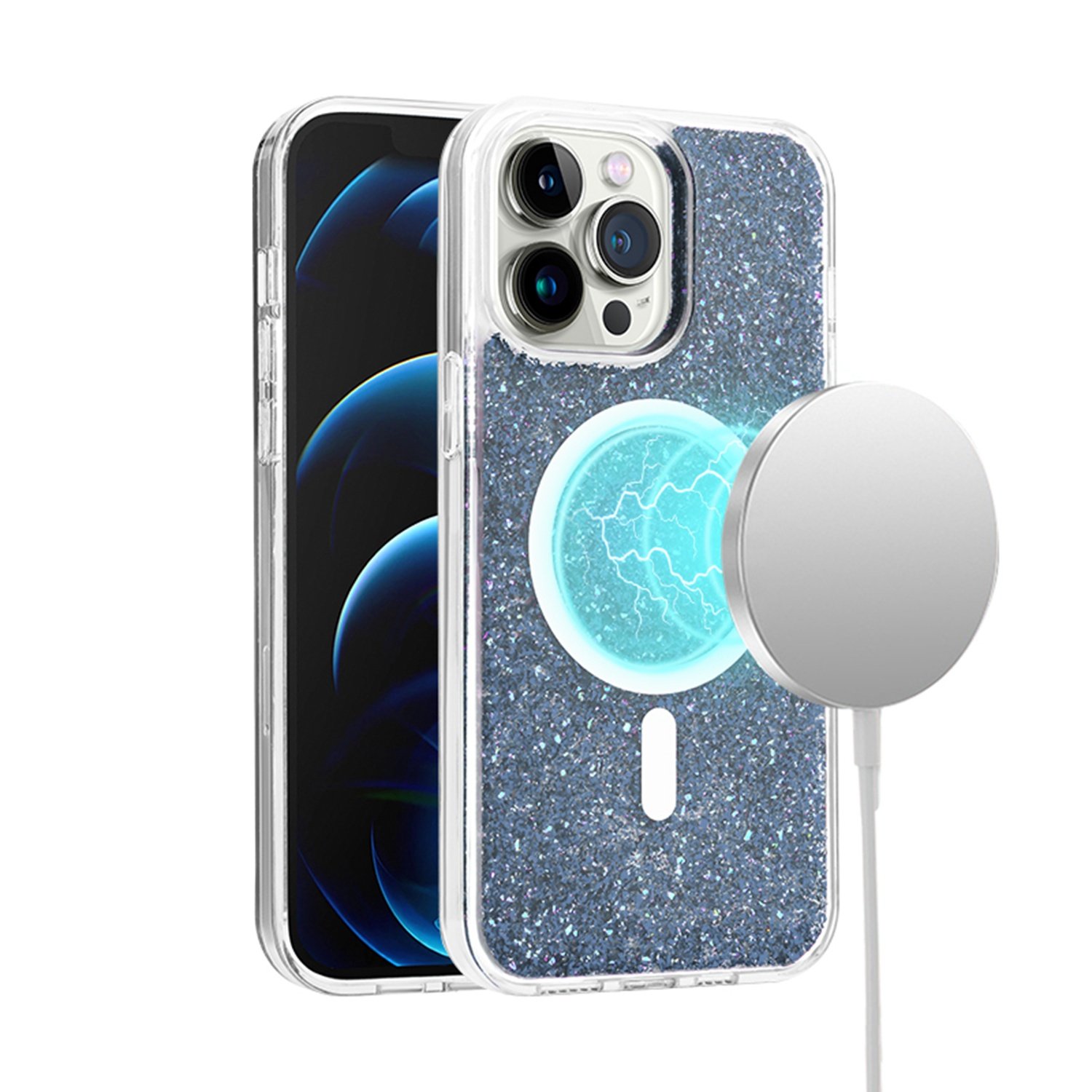 for ip15 pro max epoxy glitter [magnetic circle] shockproof hybrid 2.5mm thick black