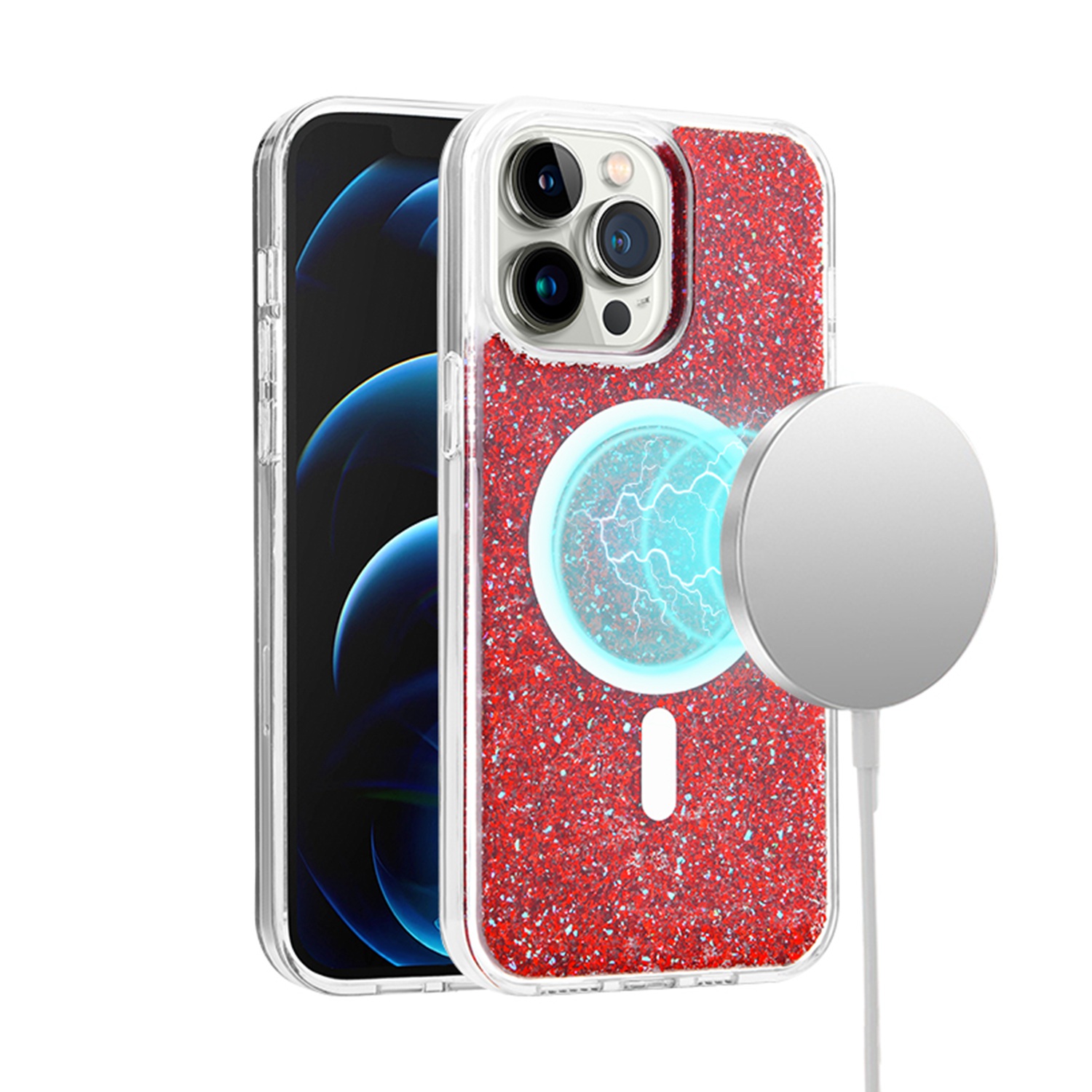 for iphone 14 pro 6.1" epoxy glitter [magnetic circle] shockproof hybrid 2.5mm thick red