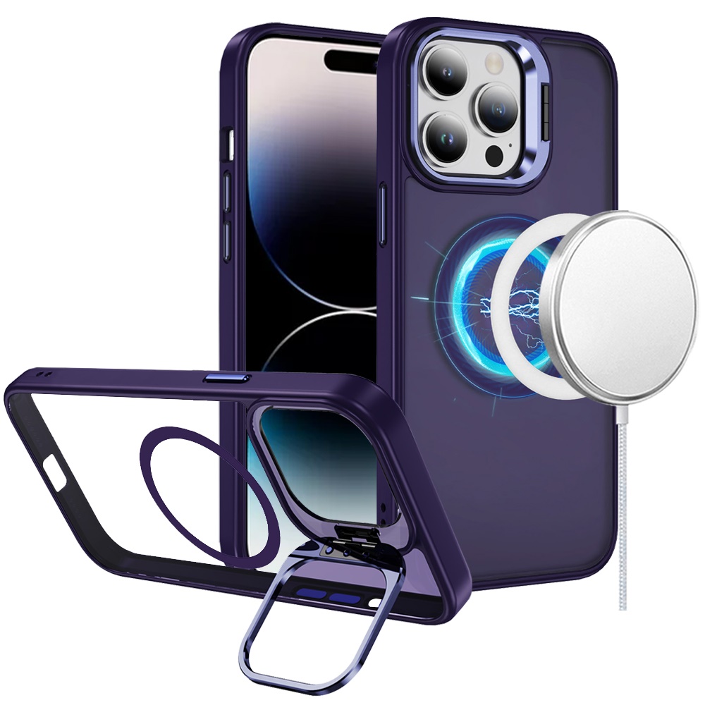 for iphone 14 pro max 6.7" fearless tough hq metallic hybrid with camera ring stand [magnetic circle] case dark purple