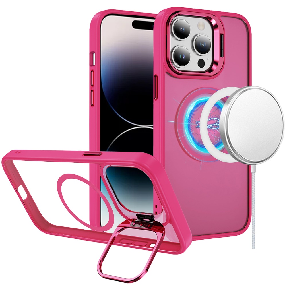 for iphone 14 pro max 6.7" fearless tough hq metallic hybrid with camera ring stand [magnetic circle] case hot pink