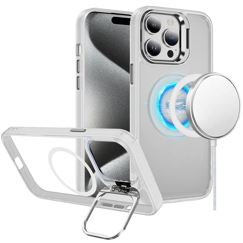 for ip15 pro max fearless tough hq metallic hybrid with camera ring stand [magnetic circle] case clear