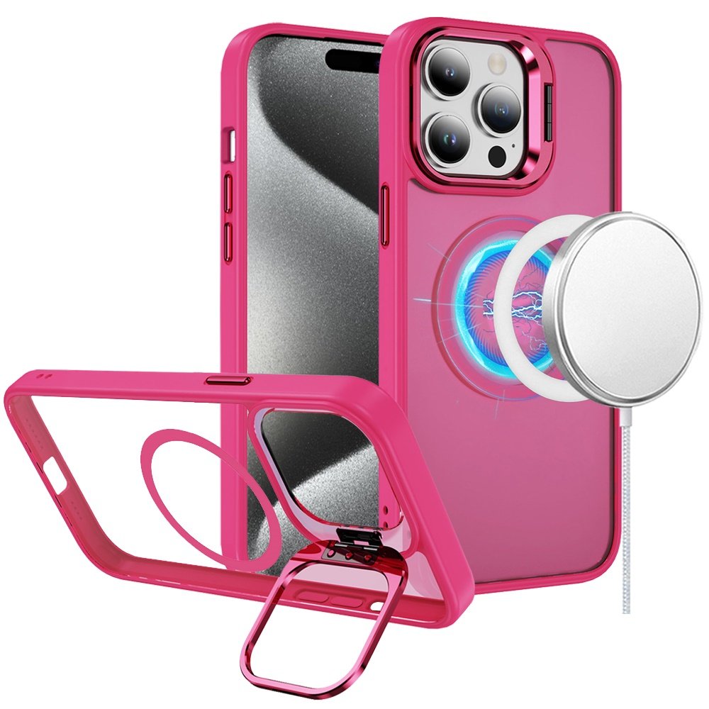 for ip15 pro max fearless tough hq metallic hybrid with camera ring stand [magnetic circle] case hot pink