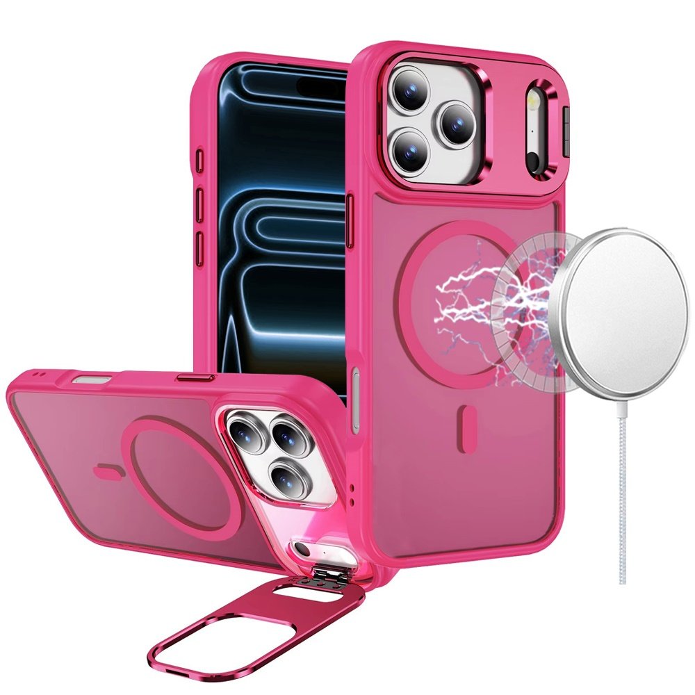 for iphone 17 pro fearless tough hq metallic hybrid with camera ring stand [magnetic circle] case hot pink